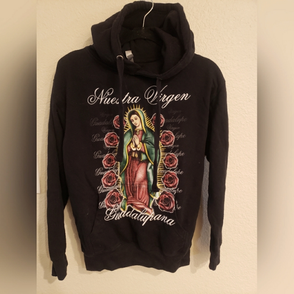 Black Graphic Hoodie with Religious Print
